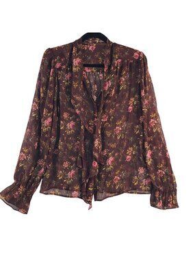 NEW Paige Womens 100% Silk Rosewood Multi Floral Blouse With Ruffle Neck